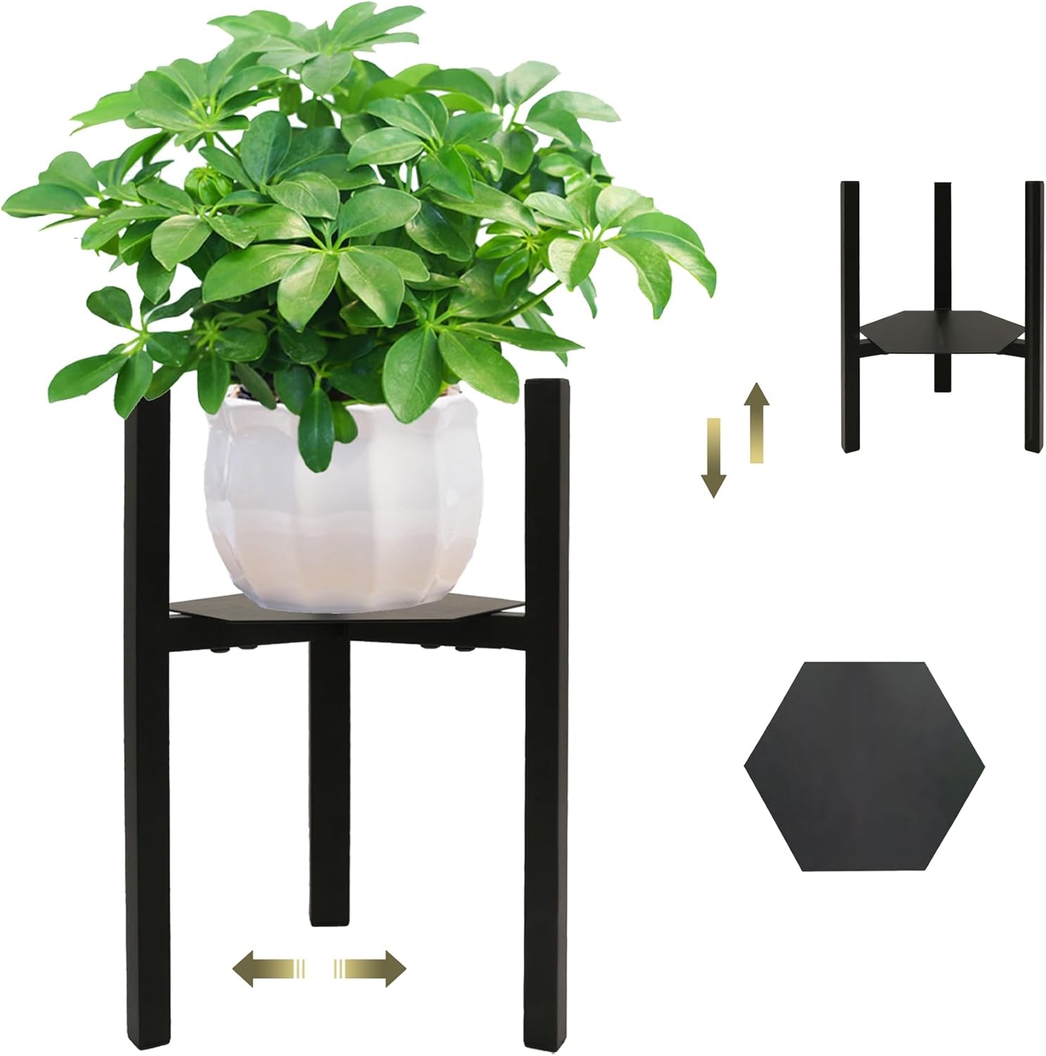 TUSPEU Soporte ajustable para plantas, soporte de metal para macetas con bandejas hexagonales, soporte para macetas de mediados de siglo, soporte
