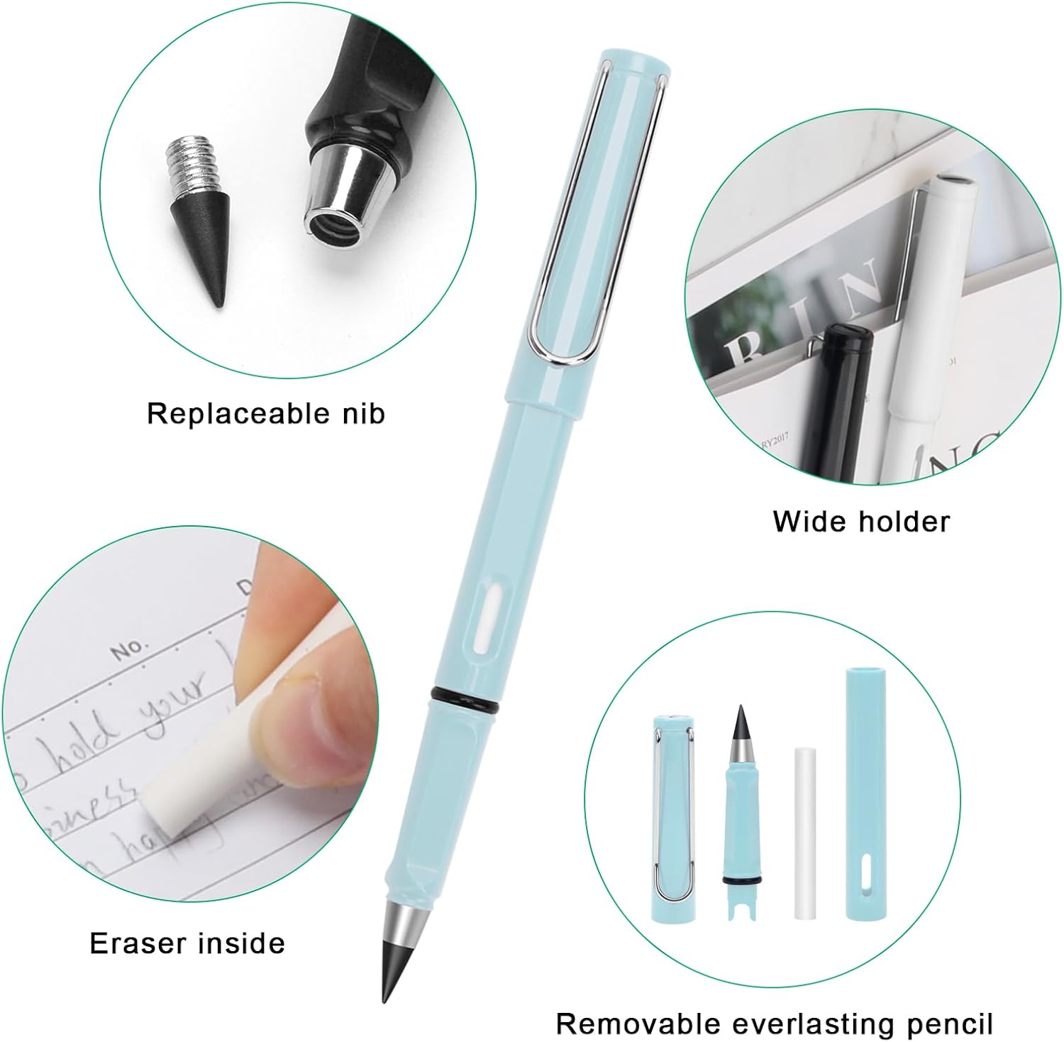 Hoedia 6 lápices eternos ilimitados sin tinta, bolígrafo reutilizable eterno con borrador y 6 puntas de repuesto, bolígrafos infinitos borrables
