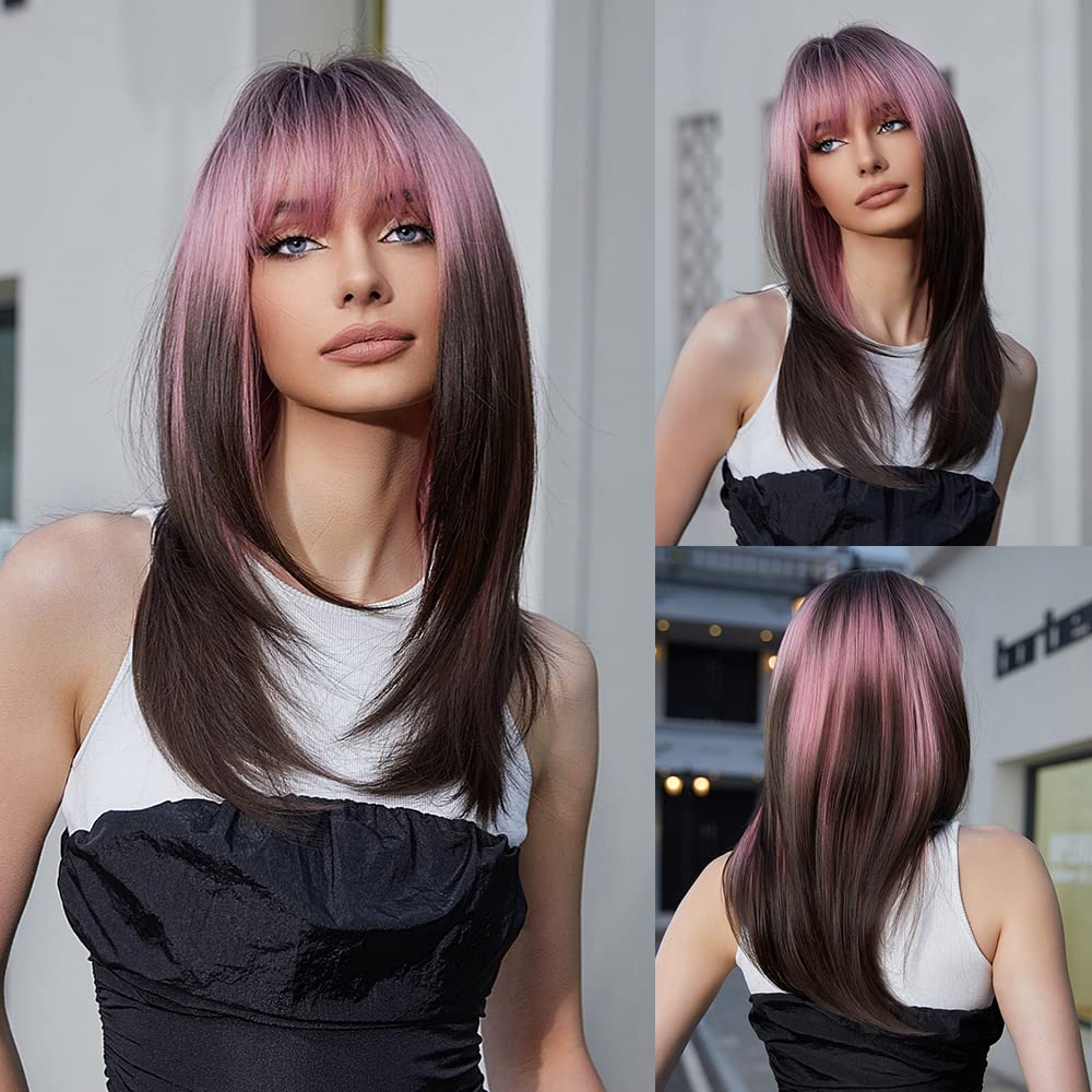 WL-09 Pelucas de longitud larga para mujer, peluca en capas con flequillo, cabello largo y lacio, longitud hasta el hombro, pelucas sintéticas