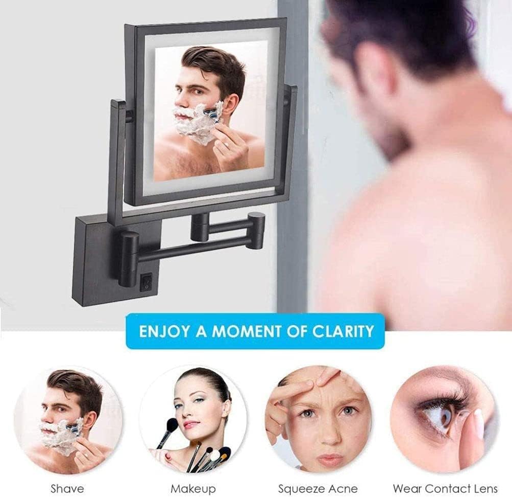 Espejo de maquillaje montado en la pared con luces y aumento 3X, espejo de tocador cuadrados de doble cara de 8 pulgadas con brazo extensible,