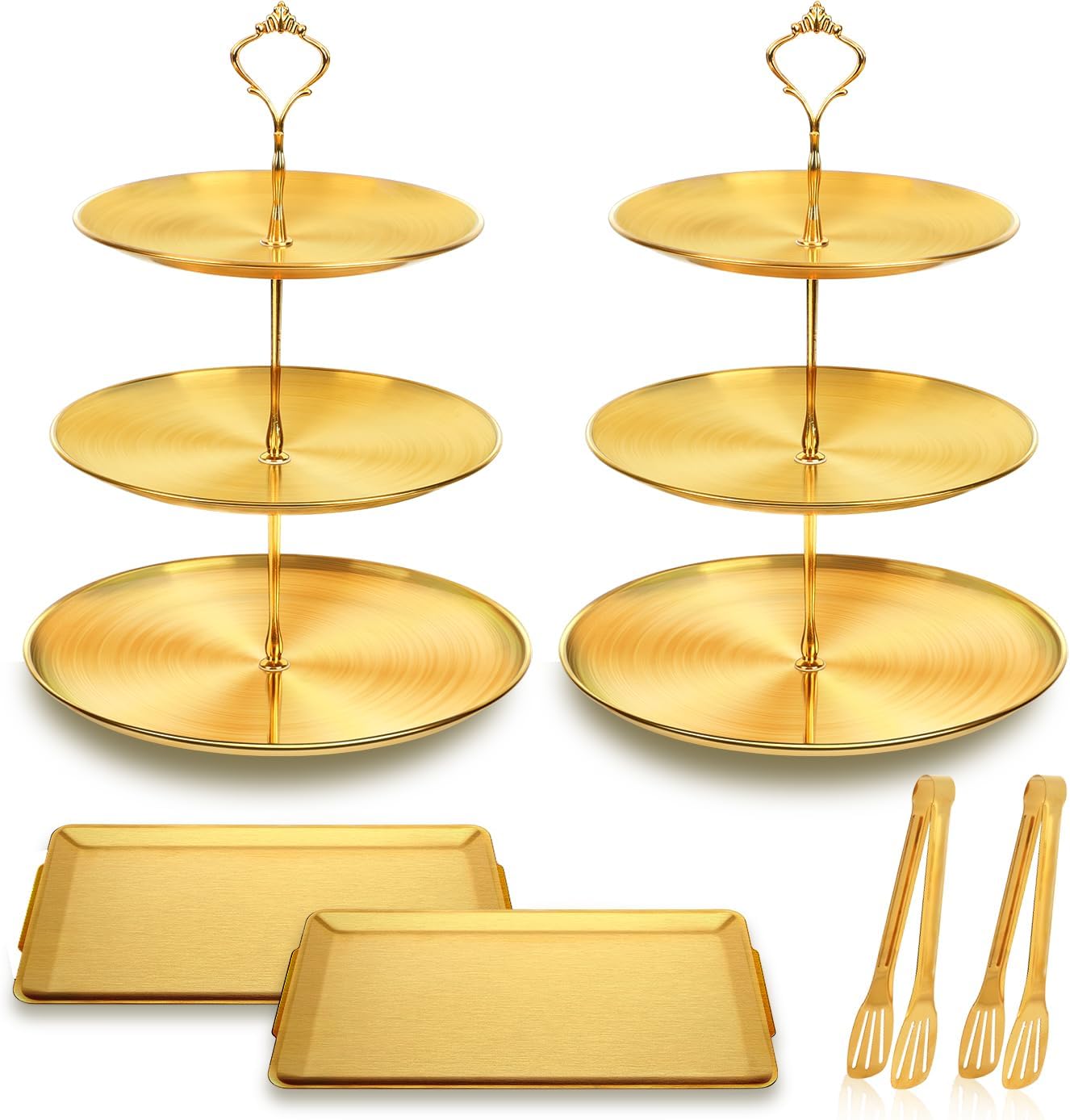 Juego de 6 soportes dorados para cupcakes, juego de exhibición de mesa de postres de acero inoxidable, 2 soportes para pasteles de 3 niveles, 2