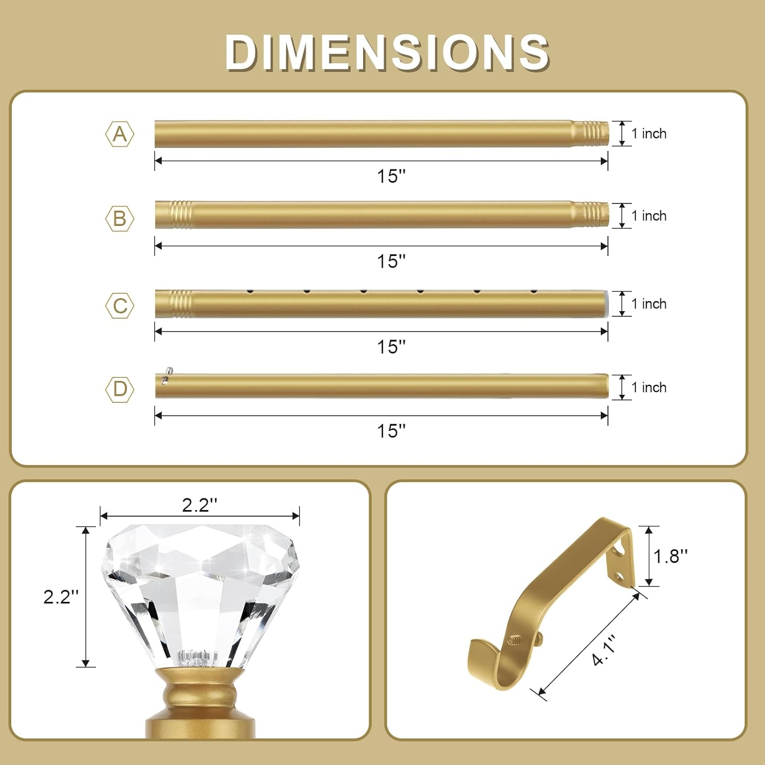Orger Barras de cortina de diamante para ventanas de 30 a 68 pulgadas, barras de cortina doradas con remates de diamante de cristal, barra de