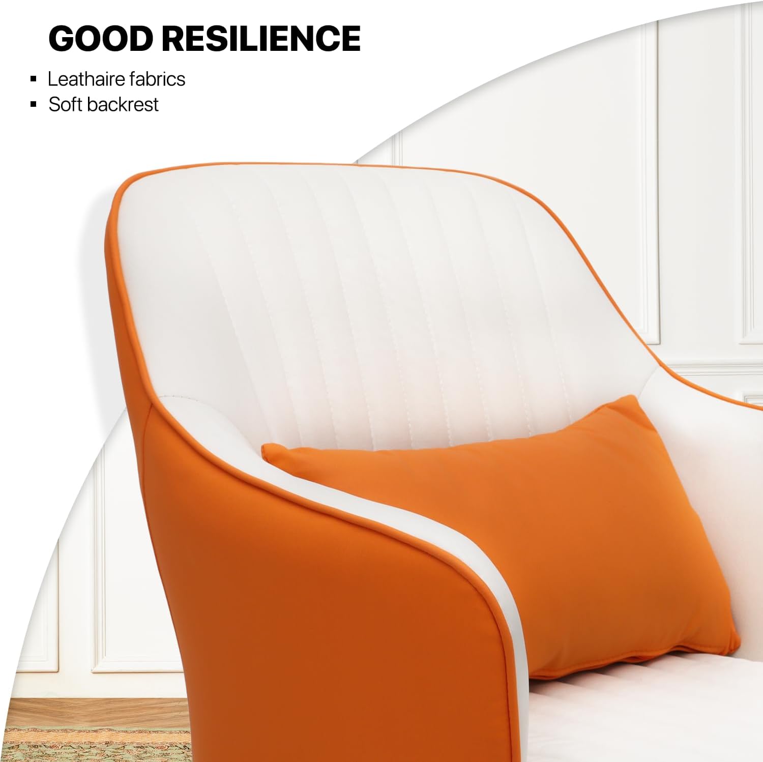 MoNiBloom Mid-Century – Silla moderna y cómoda con brazo para dormitorio y sala de estar, silla tapizada de cuero blanconaranja con almohada lumbar