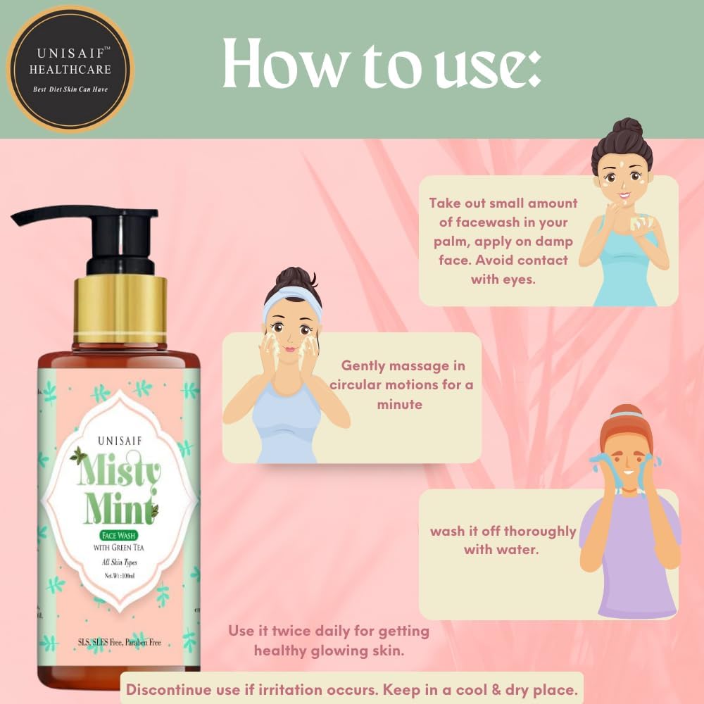 Unisaif Misty Mint Green Tea Face Wash – Lavado facial de árbol de té para piel seca con menta  Lavado facial natural para la prevención del acné