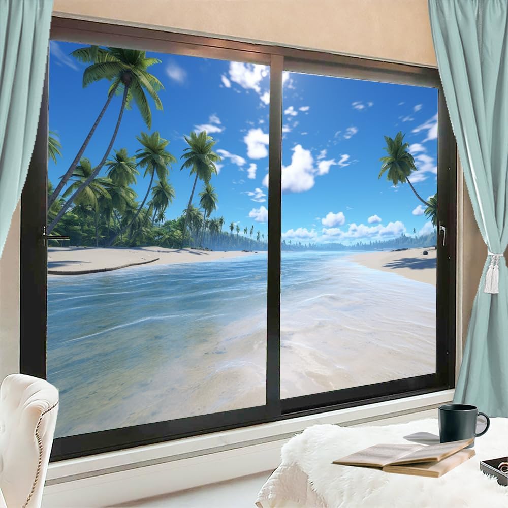 Película de privacidad para ventana, paisaje marino tropical, palmeras de playa, imagen moderna, vitrales, sin pegamento, película estática para