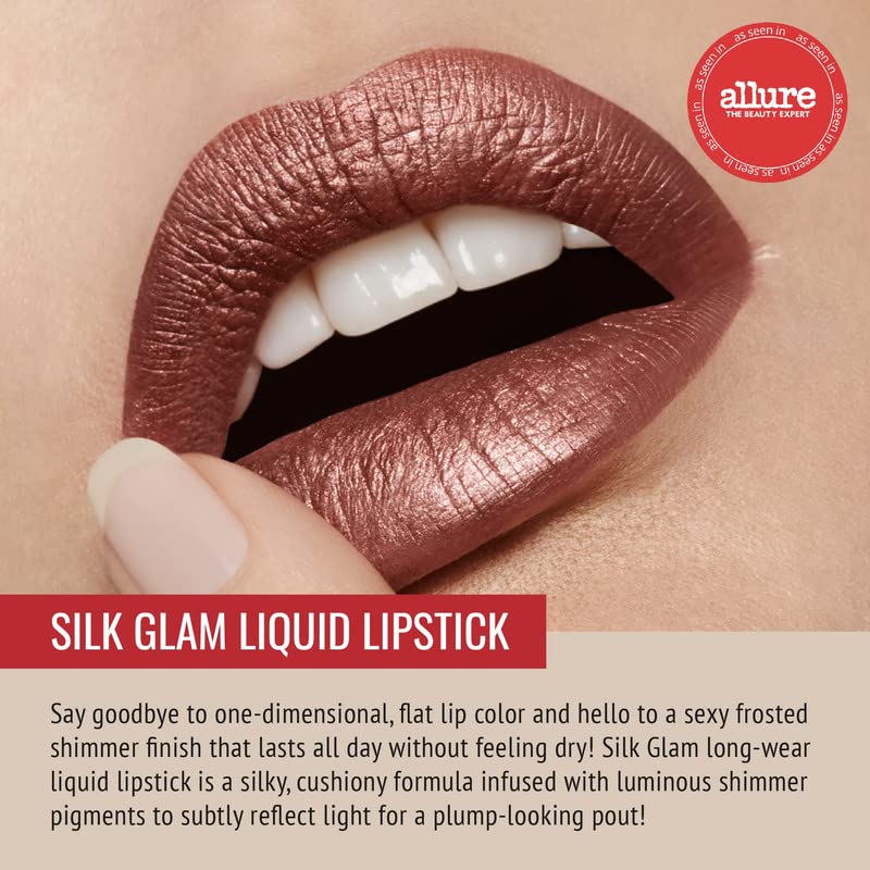 Runway Rogue Lápiz labial líquido Silk Glam, lápiz labial de bronce dorado esmerilado de larga duración, ‘Film Noir’