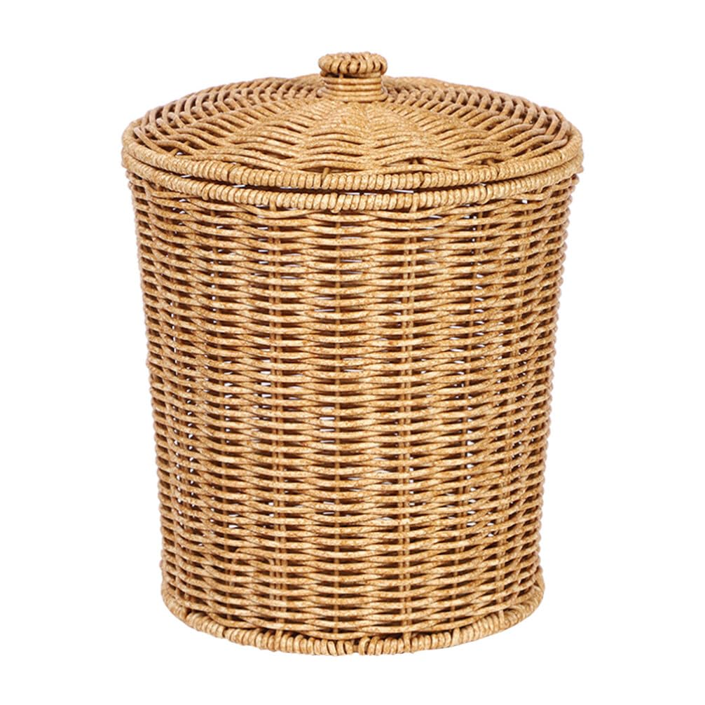 Cabilock Cesta de basura redonda de ratán con tapa, papelera tejida, papelera, contenedor de basura, contenedores de flores, macetas, cestas de