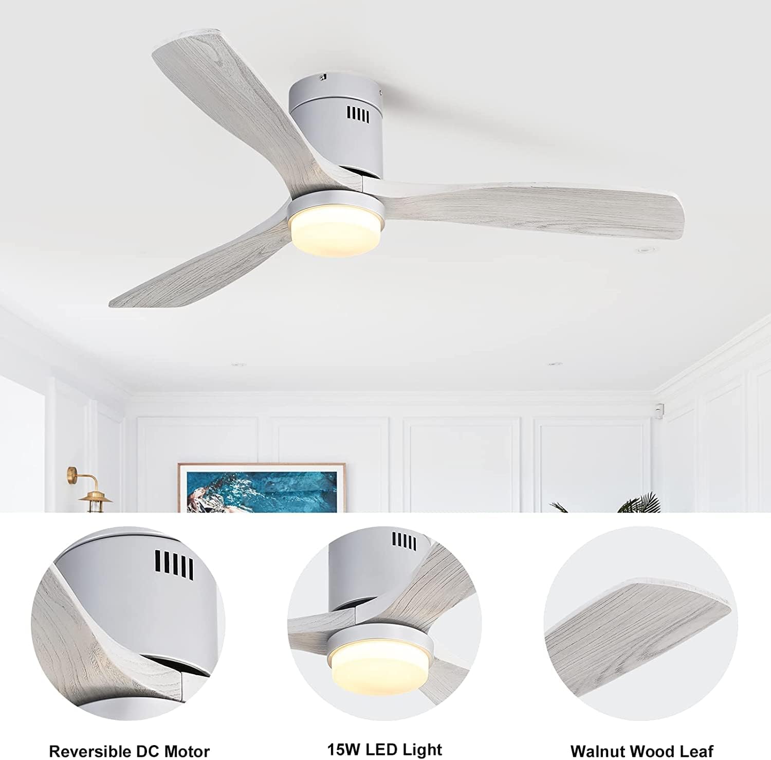 CACI Mall Ventilador de techo de 52 pulgadas con luces, control remoto, moderno, retro, de madera, montaje empotrado, ventilador de techo de perfil