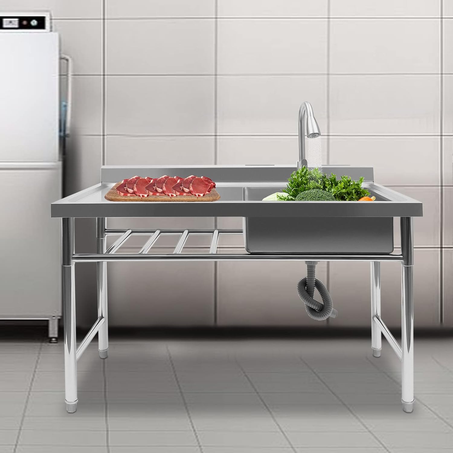 Fregadero de acero inoxidable de pie independiente, fregadero de cocina comercial de un solo tazón con banco de trabajo, fregadero de acero