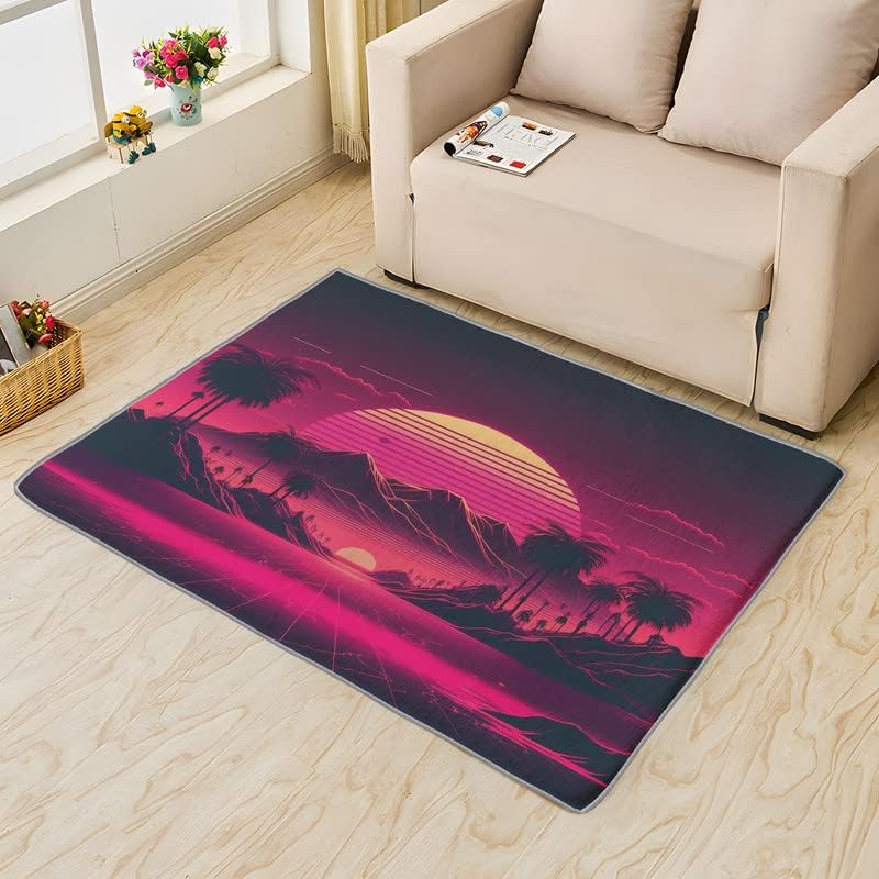 Vaporwave Rug – Alfombra de neón para sala de estar, dormitorio, montaña y puesta de sol de 4 x 6 pies, lavable, antideslizante y suave, no