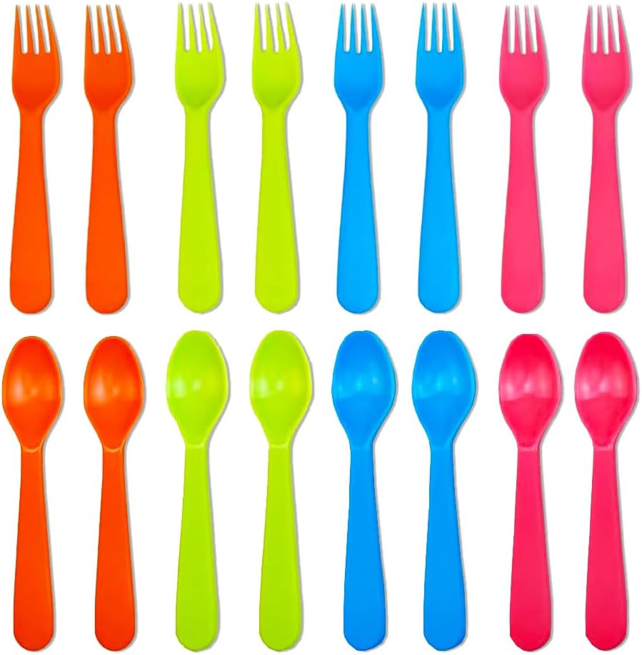 16 utensilios de plástico para niños, utensilios de alimentación reutilizables para niños pequeños con 8 tenedores y 8 cucharas para niños,