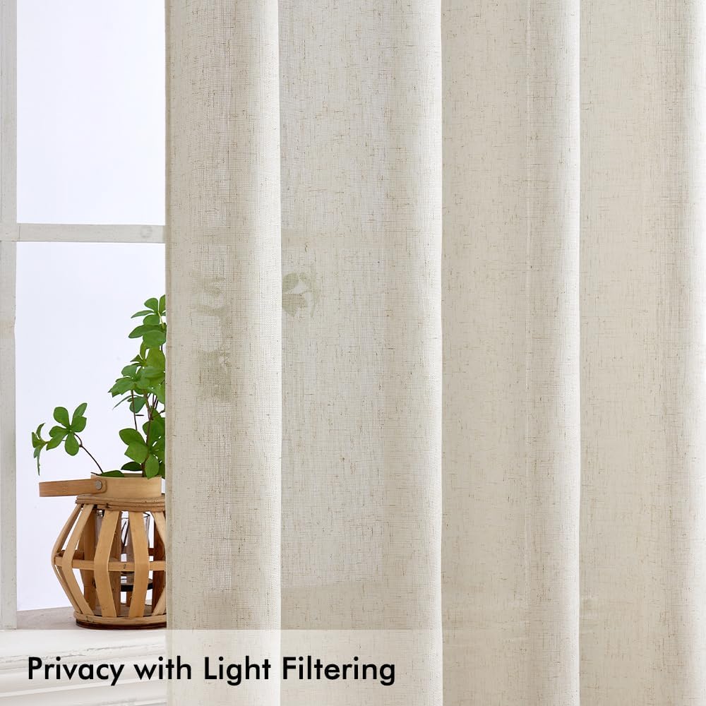 MIULEE Cortinas de lino de 96 pulgadas de largo para sala de estar, 2 paneles, bolsillo para barra de cortina de marfil natural, con pestaña