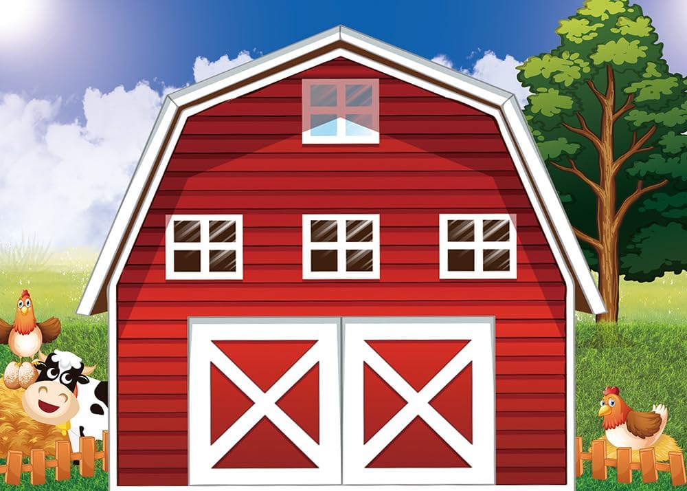 Fondo de fotografía de dibujos animados de animales de granja de animales, fondo de fotos rústico rojo para baby shower, niños recién nacidos,