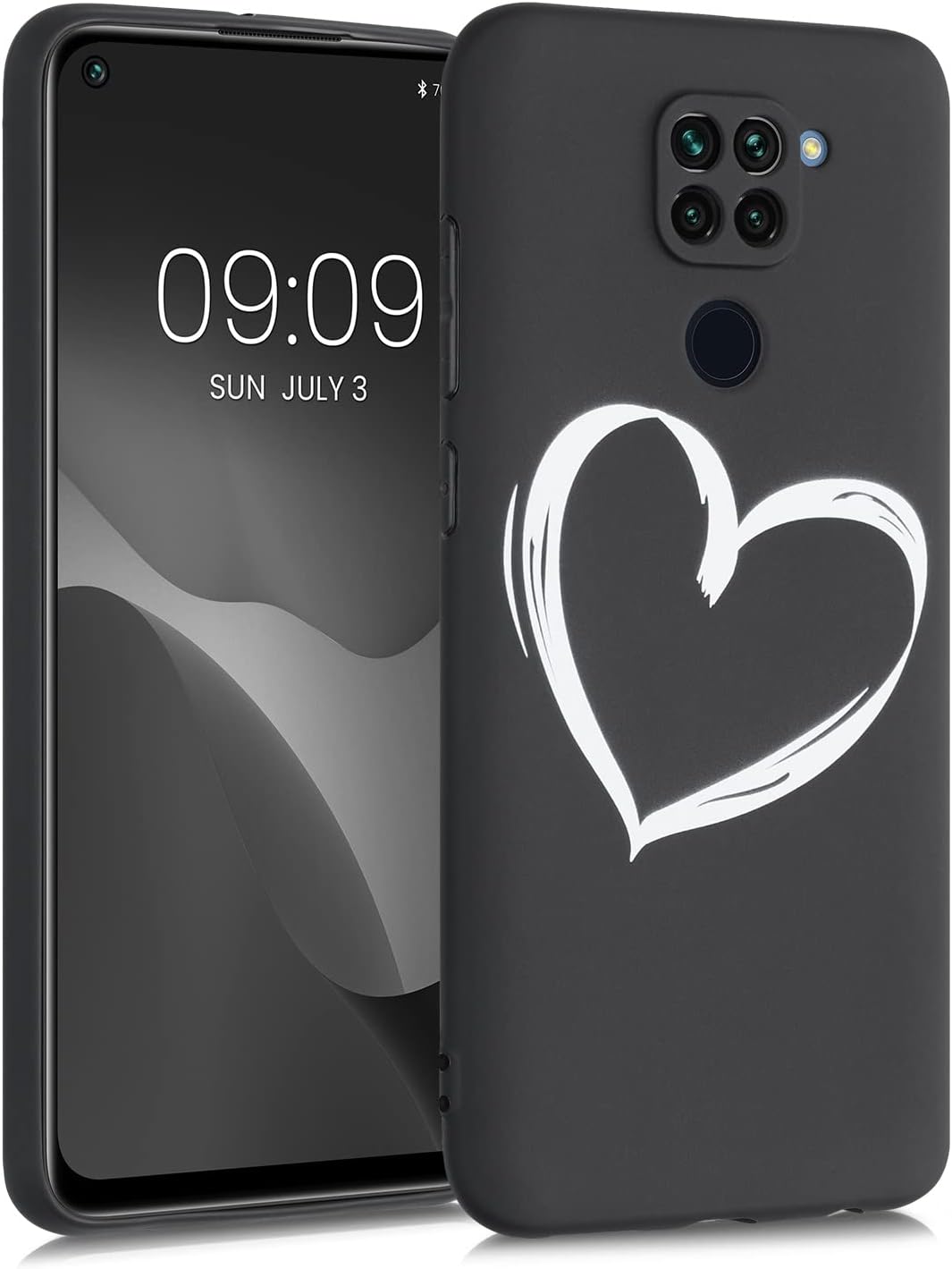 kwmobile Funda de silicona TPU compatible con Xiaomi Redmi Note 9 – Funda suave – Corazón cepillado BlancoNegro