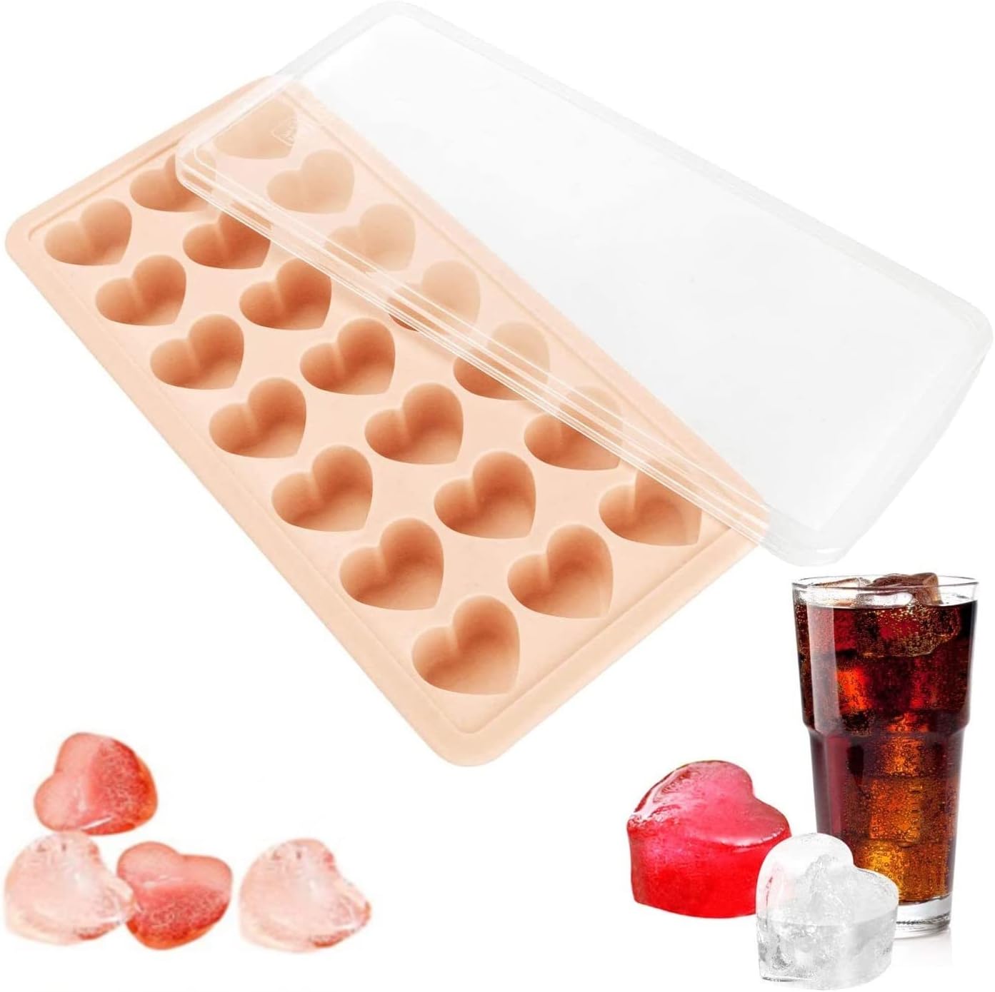Bandejas para cubitos de hielo en forma de corazón con tapa, bandeja de silicona para cubitos de hielo con forma de corazón de 21 agujeros con tapa,