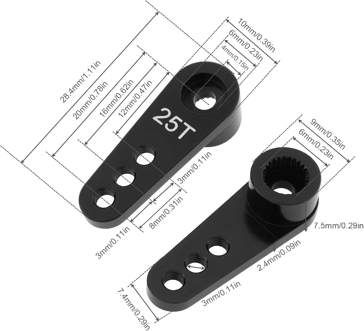 Paquete de 2 brazos de dirección de metal 25T servo bocina M3 hilos compatibles con modelos RCcoche camión buggy (negro)