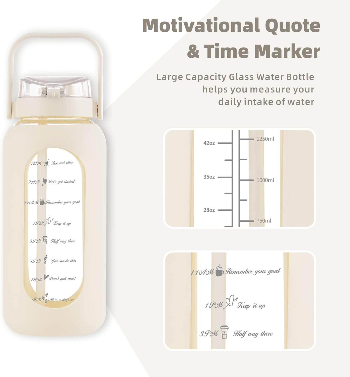 SIEROZUR Botella de agua de vidrio de 74 onzas con pajilla, botella de agua motivacional de 2.2 litros con asa y marcador de tiempo, jarra de agua
