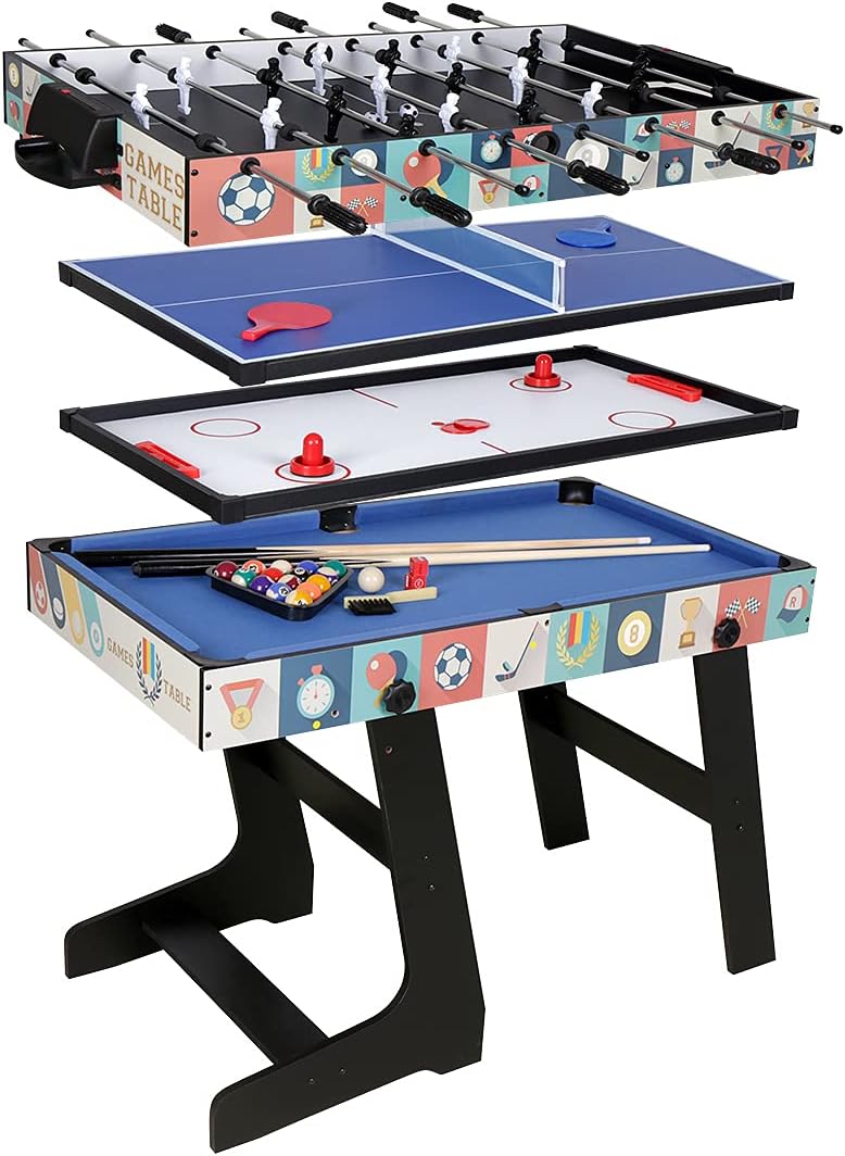 Mesa de juego combinada 4 en 1 multifunción, mesa de futbolín de fútbol, mesa de billar, mesa de hockey de aire, mesa de tenis de mesa con patas