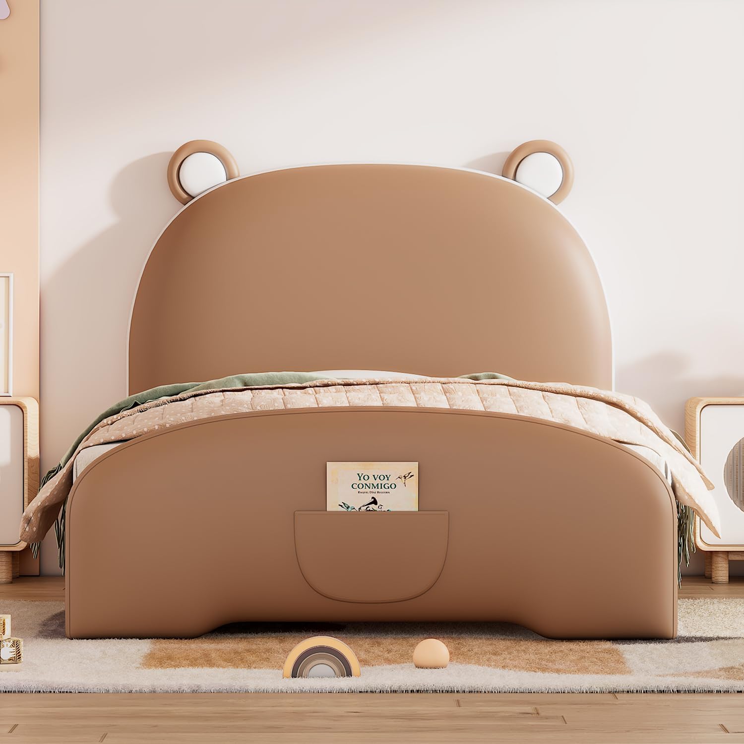 Cama de plataforma tapizada de tamaño individual con cabecero y estribo en forma de oso, marco de cama para niños y niñas y adolescentes,