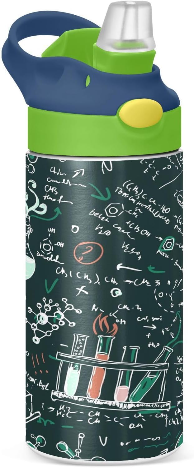 ALAZA Old Chemistry Green – Botella de agua para niños de 12 onzas con pajilla, de acero inoxidable con aislamiento al vacío, vaso para niños y niñas