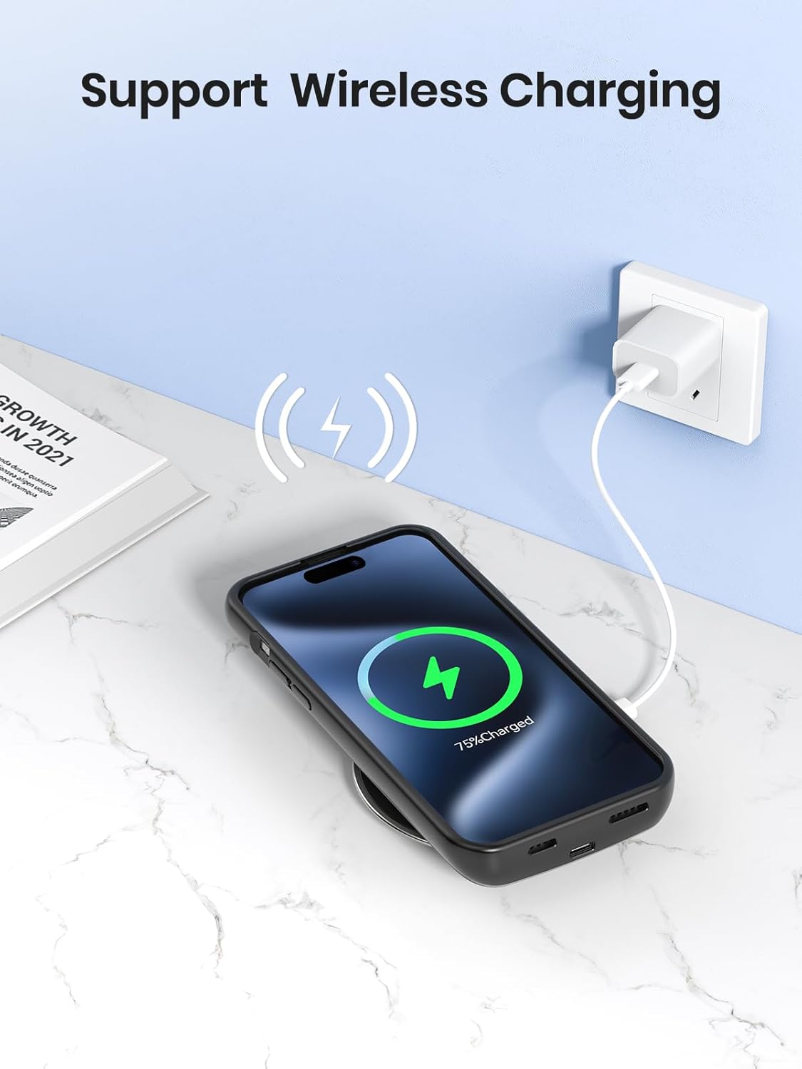 NEWDERY Funda de batería para iPhone 15 ProiPhone 15 10000mAh, USB C magnético Qi funda de carga inalámbrica, cargador extendido recargable