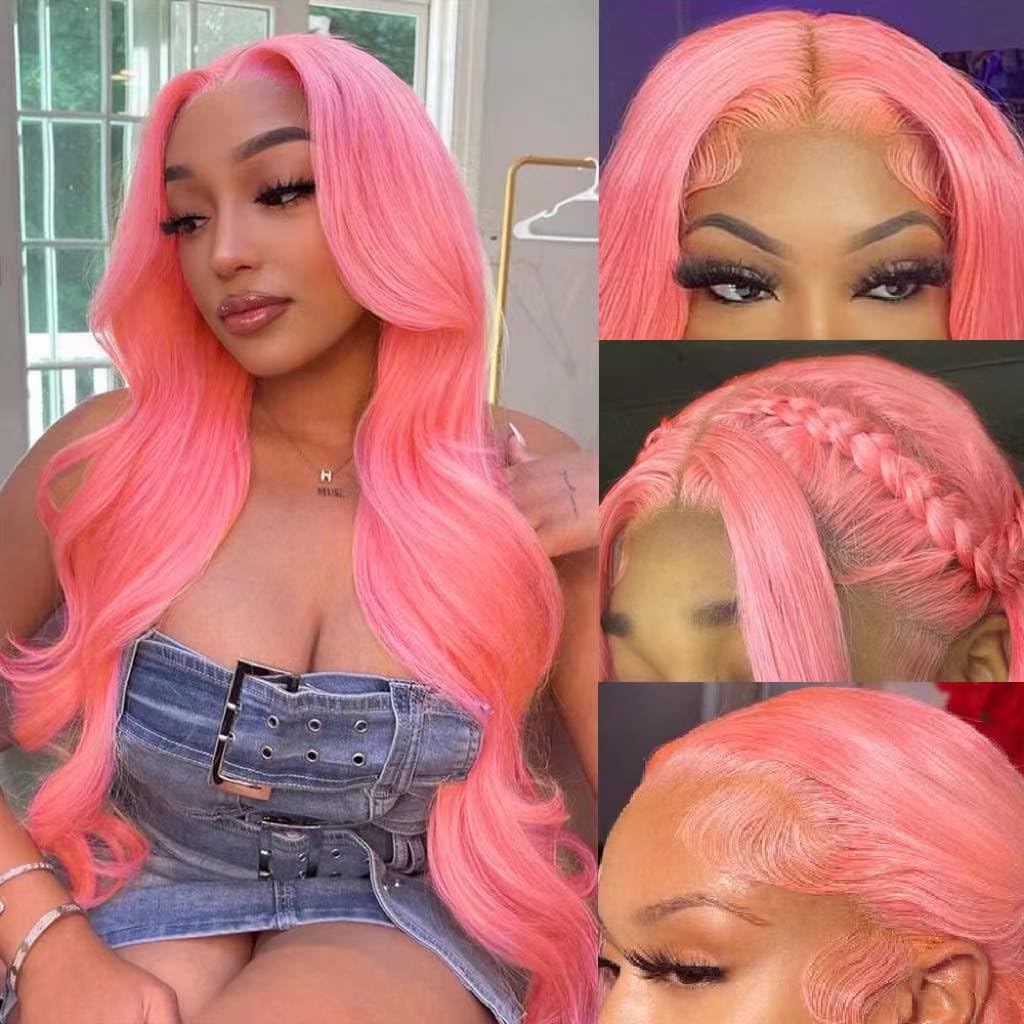 Peluca de cabello humano con encaje frontal color rosa, peluca de cabello humano prearrancado de 13 x 4, color rosa, pelucas de encaje frontal de
