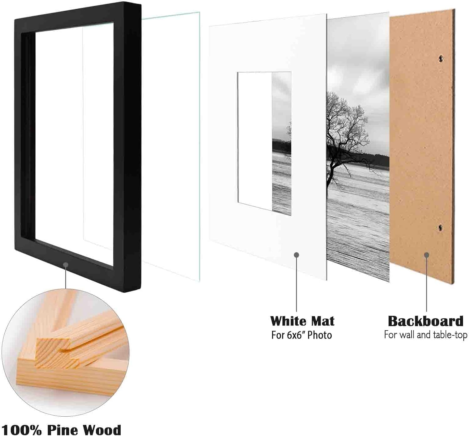 Egofine Portarretratos de 10 x 10 pulgadas, color negro, hecho de madera maciza con plexiglás HD para fotos de 6 x 6 pulgadas con paspartú o de 10 x