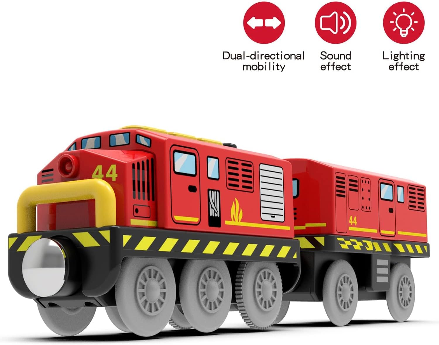 Trenes a pilas para locomotora de madera con luz y sonido para niños de 3, 4, 5 años, compatible con Thomas, Brio, Chuggington, Melissa y Doug (rojo)