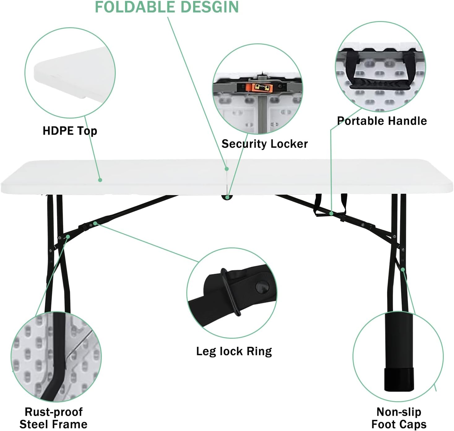 Mesa plegable portátil de 6 pies plegable por la mitad con asa, soporta hasta 500 libras, mesa de comedor para interiores y exteriores para fiestas,