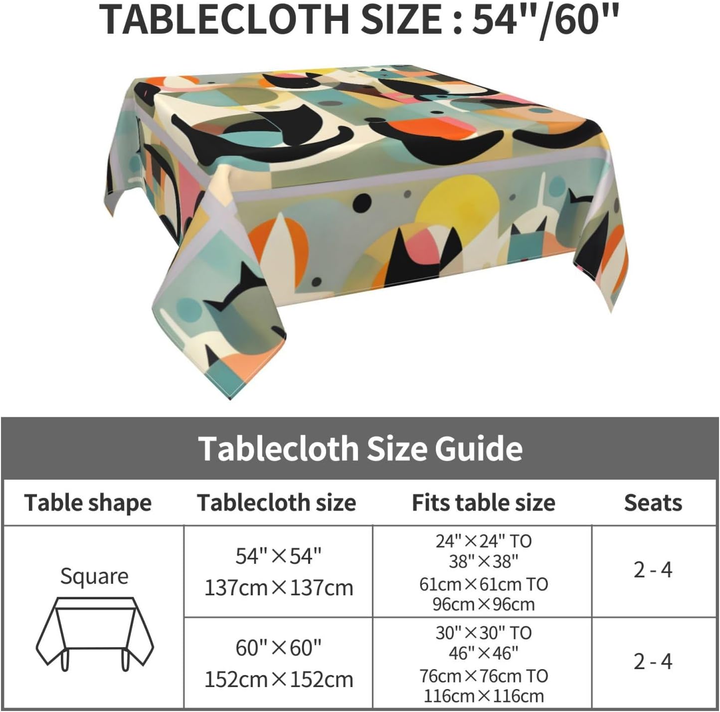 Mantel cuadrado con diseño de gato moderno de mediados de siglo, 54 x 54 pulgadas, adecuado para mesa cuadrada o redonda, impermeable, resistente a