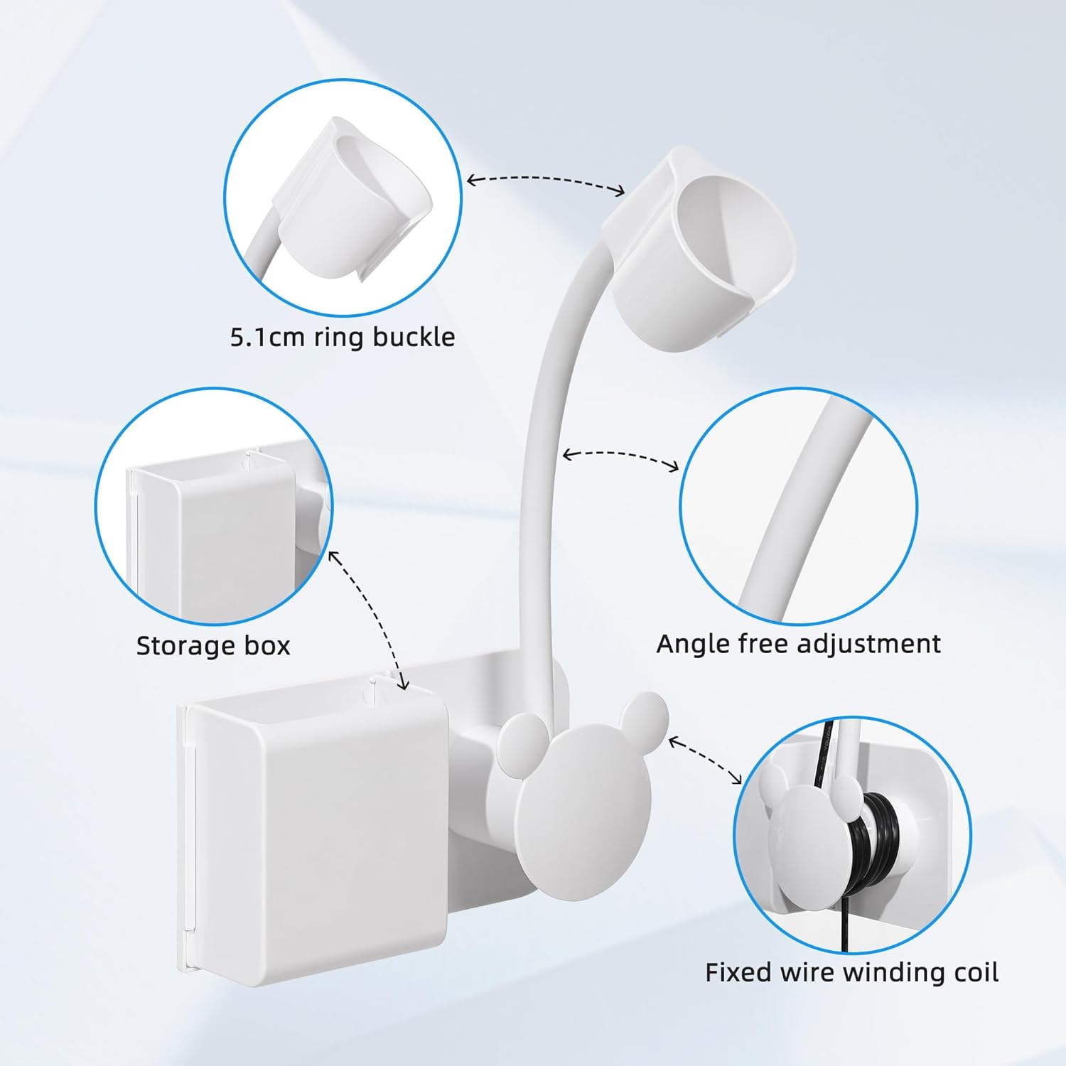 Soporte para secador de pelo manos libres con cualquier ángulo giratorio brazo totalmente posicionable. Soporte de pared para secador de pelo,