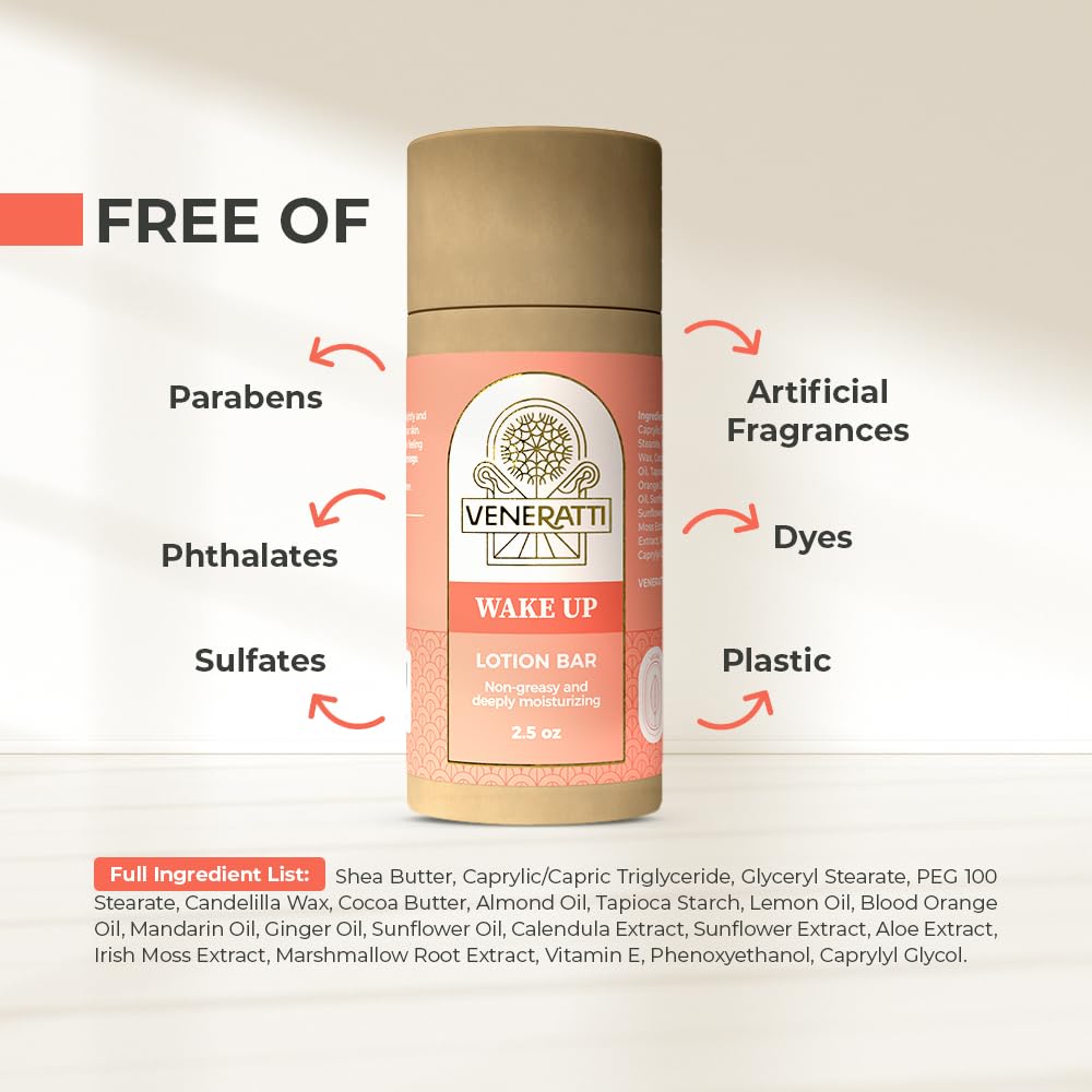 VENERATTI Lotion Bar Wake Up Scent – Vegana, fabricada en los Estados Unidos, productos ecológicos – Absorción rápida, no pegajosa – Ingredientes