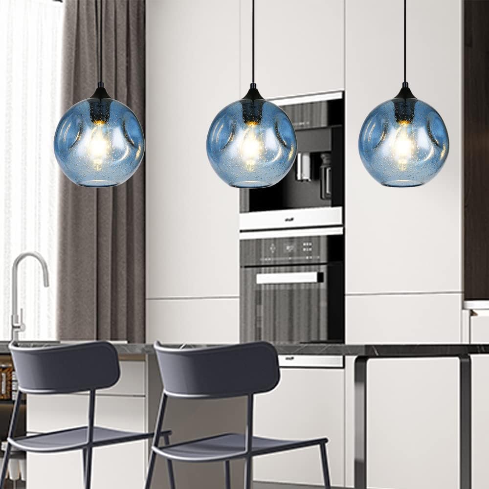 Luces colgantes para isla de cocina, colgante de cristal moderno, color azul claro, con burbujas, para colgar en el techo, lámparas colgantes sobre