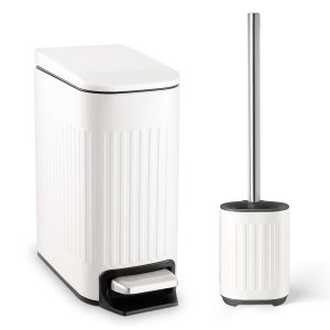 Basurero de baño con escobilla de inodoro, cubo de basura delgado de acero inoxidable de 1.6 galones, papelera pequeña para baño, oficina, Basurero de baño con escobilla de inodoro, cubo de basura delgado de acero inoxidable de 1.6 galones, papelera pequeña para baño, oficina,