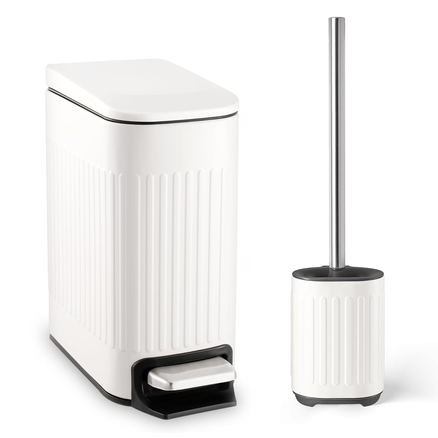 Basurero de baño con escobilla de inodoro, cubo de basura delgado de acero inoxidable de 1.6 galones, papelera pequeña para baño, oficina,