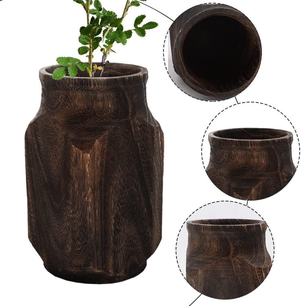 Jarrón de madera, jarrón rústico, jarrón retro, jarrón de madera natural, maceta de madera, decoración para jardín, casa de campo (marrón4.3 x 4.3 x