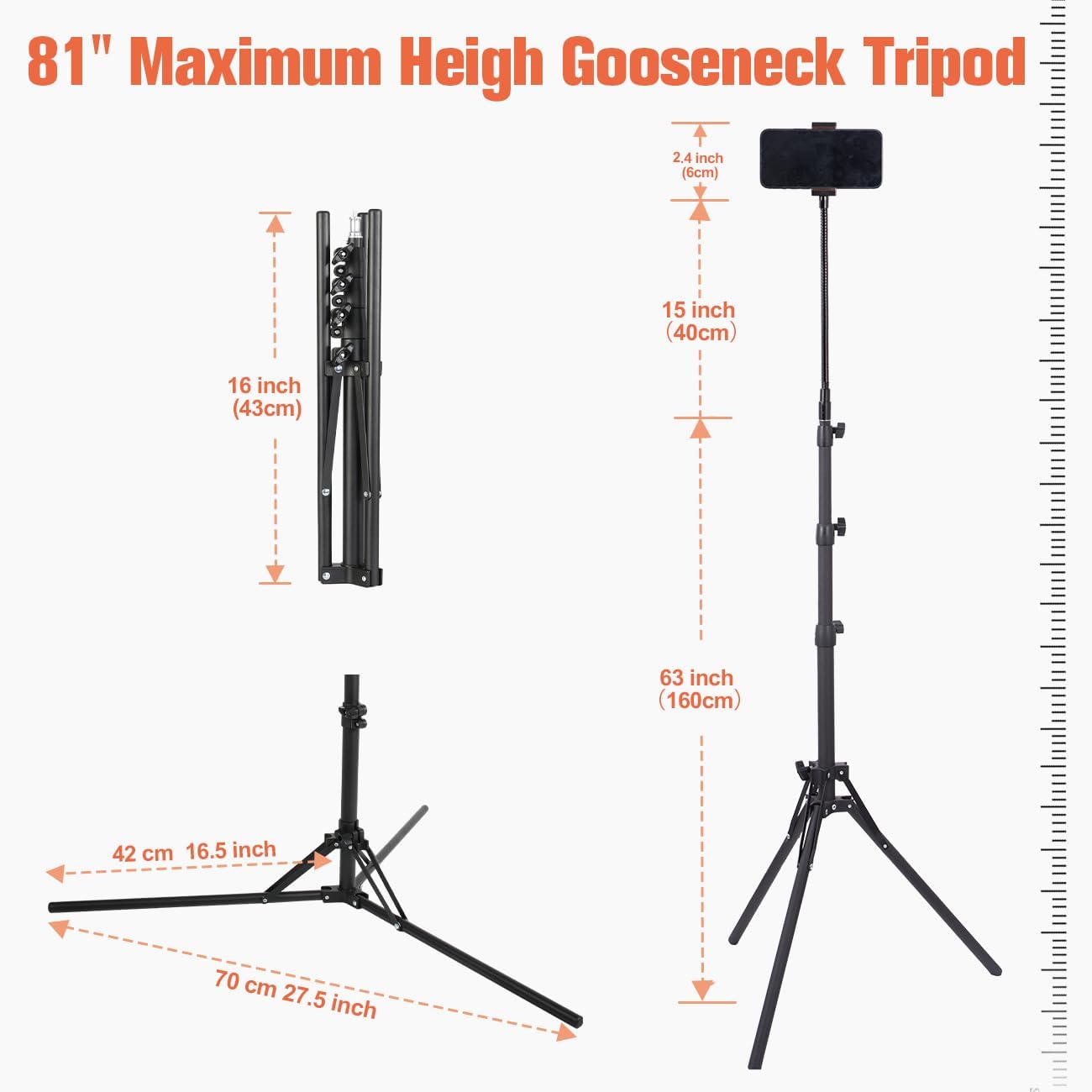 Lusweimi – Soporte de trípode para teléfono celular, de 81 pulgadas de alto, trípode de cuello de cisne ajustable de 360 con soporte para teléfono,