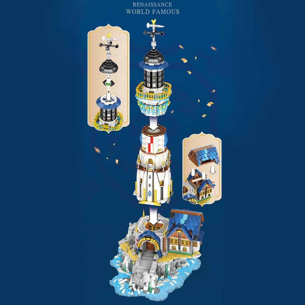 MISINI Ideas 66028 – Juego de construcción de faro medieval para adultos con kit de luz, 3228 edificios modulares PCSMOC, juguetes de construcción