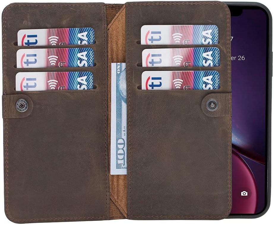 Funda de piel auténtica de alta calidad hecha a mano para iPhone 11 Pro Max de 6.5 pulgadas, tarjetero doble, funda magnética desmontable, función
