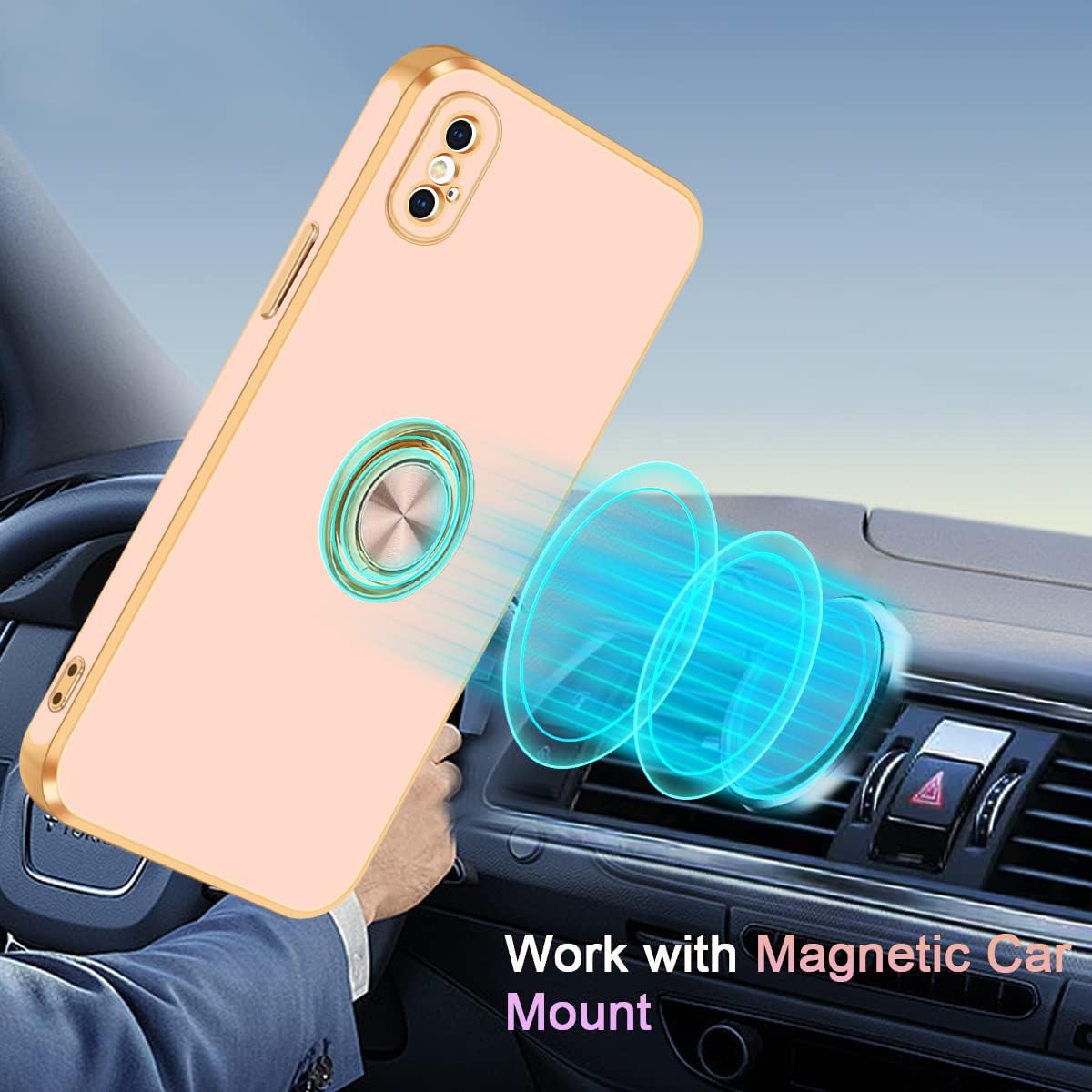 Fingic Funda para iPhone X, iPhone XS con soporte de anillo, soporte magnético delgado y delgado, soporte magnético para automóvil para mujeres y