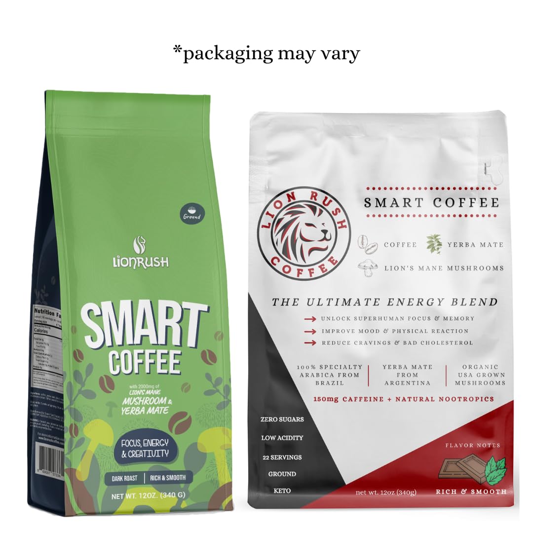 Lion Rush – Café Yerba Mate con hongo melena de león – Tostado oscuro molido mejorado – Aumenta la energía, la concentración y la creatividad – Bajo