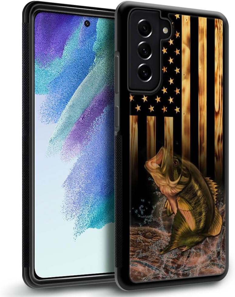 DJSOK Funda compatible con Samsung Galaxy S22 Ultra, diseño de madera con diseño de peces y bandera estadounidense + funda protectora de silicona