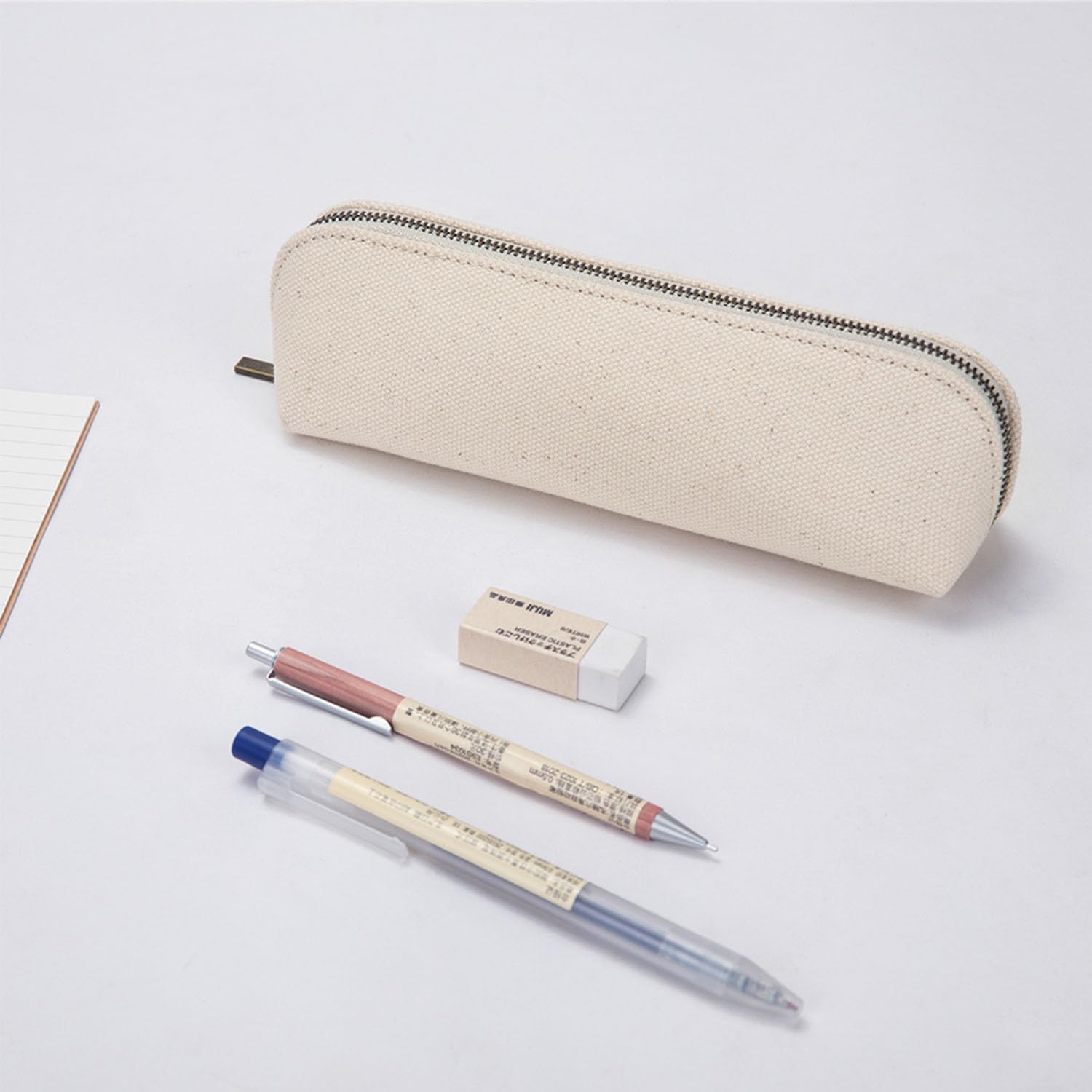 Estuche de lona para lápices, lona de algodón y bolsa multifuncional simple, almacenamiento de lápices portátil con cremallera (beige)