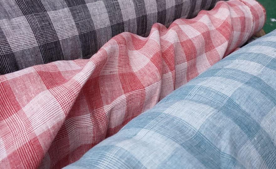 Tela 100% lino con patrón de tartán rojo Glen, suave al tacto y ligero, ideal para ropa, manualidades y decoración del hogar