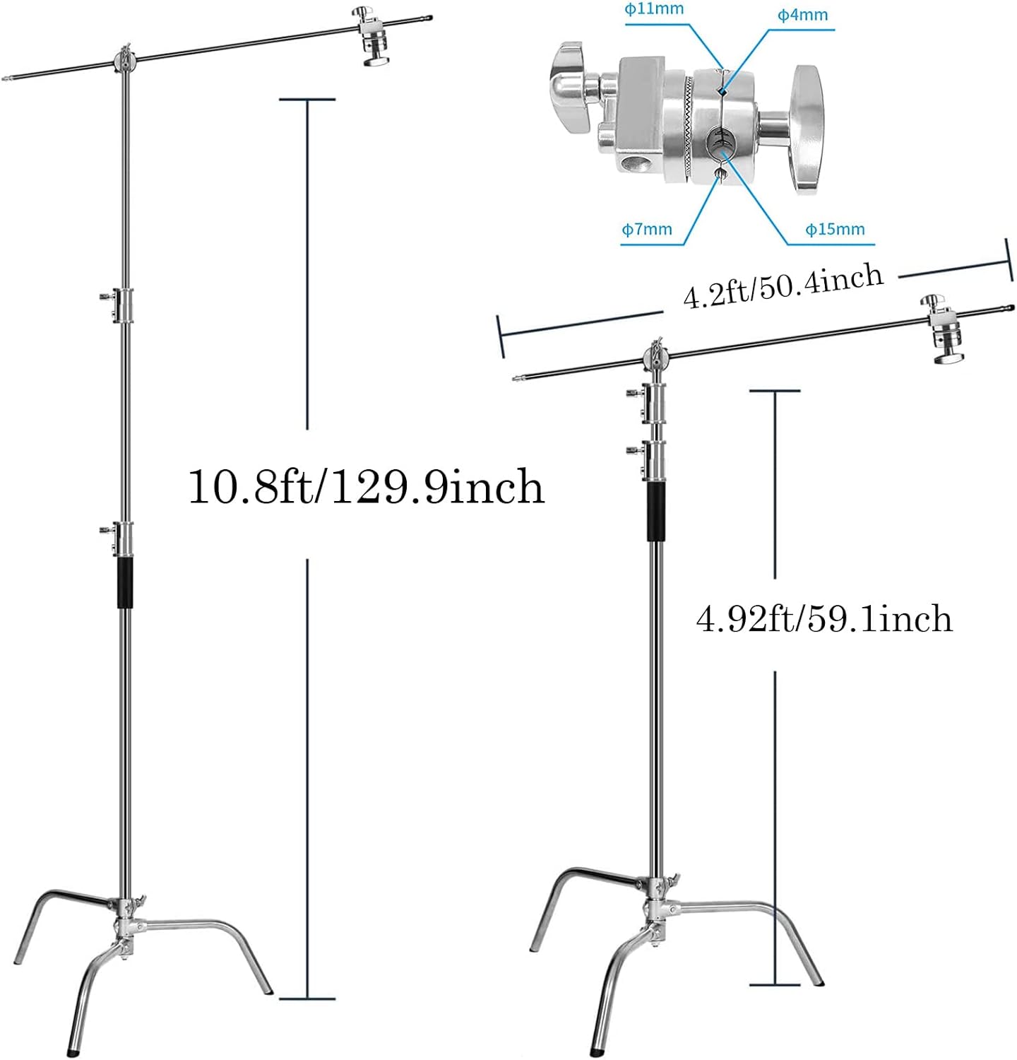 Soporte en C resistente de acero inoxidable con brazo de pluma Altura máxima 10.8 pies129.9 in, soporte de luz ajustable para fotografía con brazo