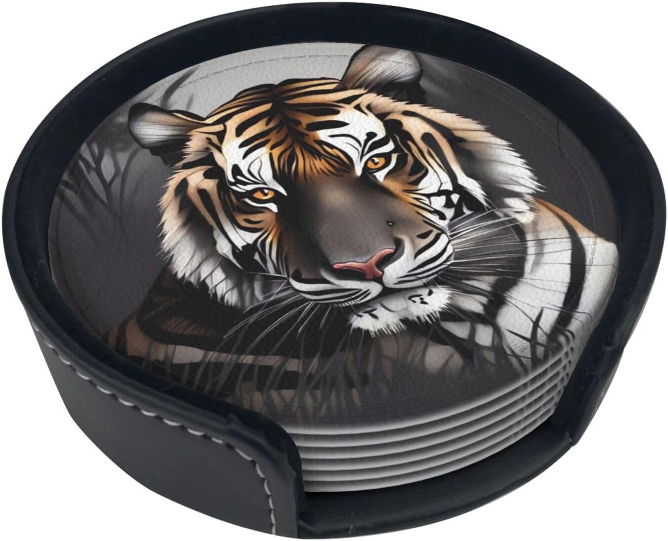 Juego de 6 posavasos de cuero con soporte, diseño de tigre en reposo, para bebidas, con aislamiento, posavasos redondos para decoración de mesa