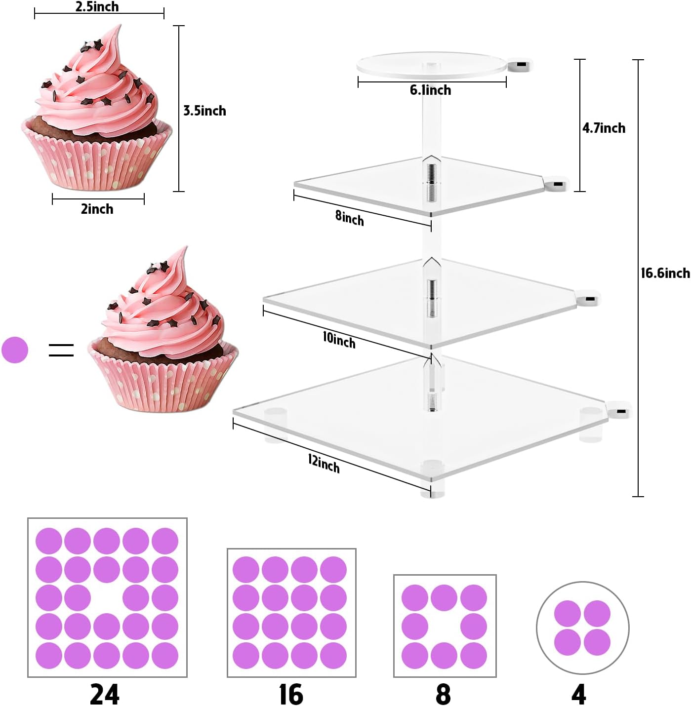 Soporte acrílico para cupcakes, 4 niveles recargable LED para postres, torre de cupcakes para Halloween, Navidad, boda, fiesta, baby shower y