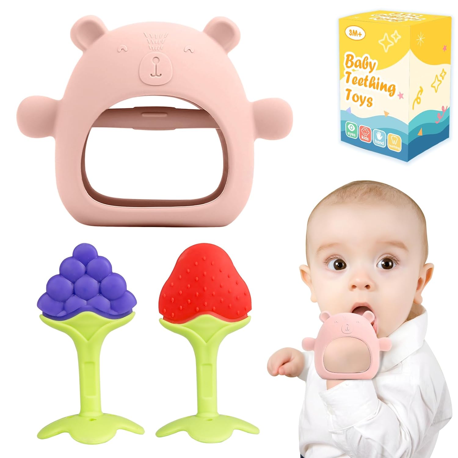 Juguetes de dentición para bebés, juego de 3 mordedores para 3-6 meses y 6 a 12 meses, esenciales para bebés, juguetes para bebés, juguetes