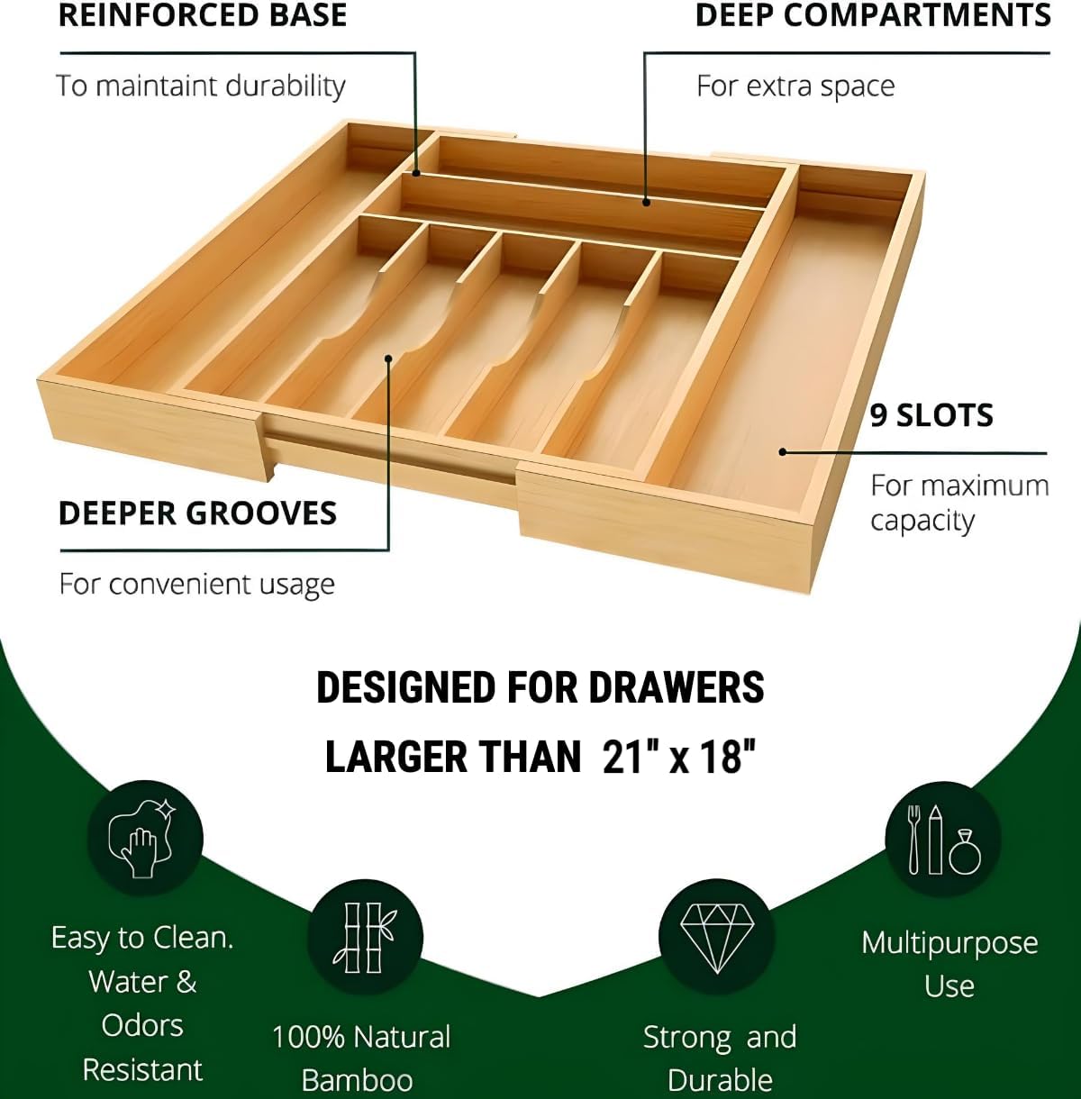 Organizador de cajones de cocina con base reforzada y divisores, organizador de cajones de cubiertos expandible, soporte de utensilios de bambú para