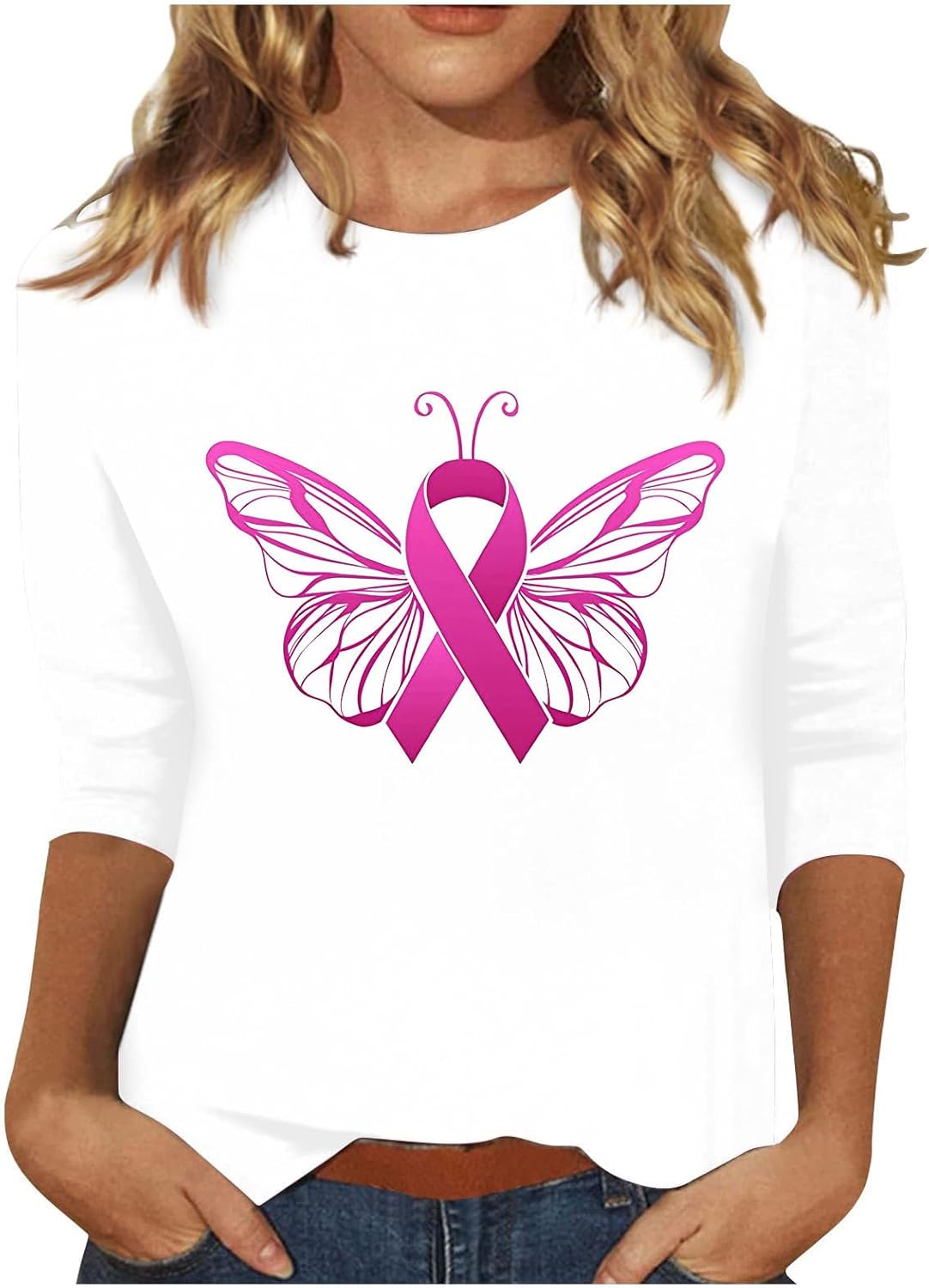 ZunFeo Camisetas de concientización sobre el cáncer de mama, manga 34, diseño de mariposa rosa, camiseta de lucha contra el cáncer de mama